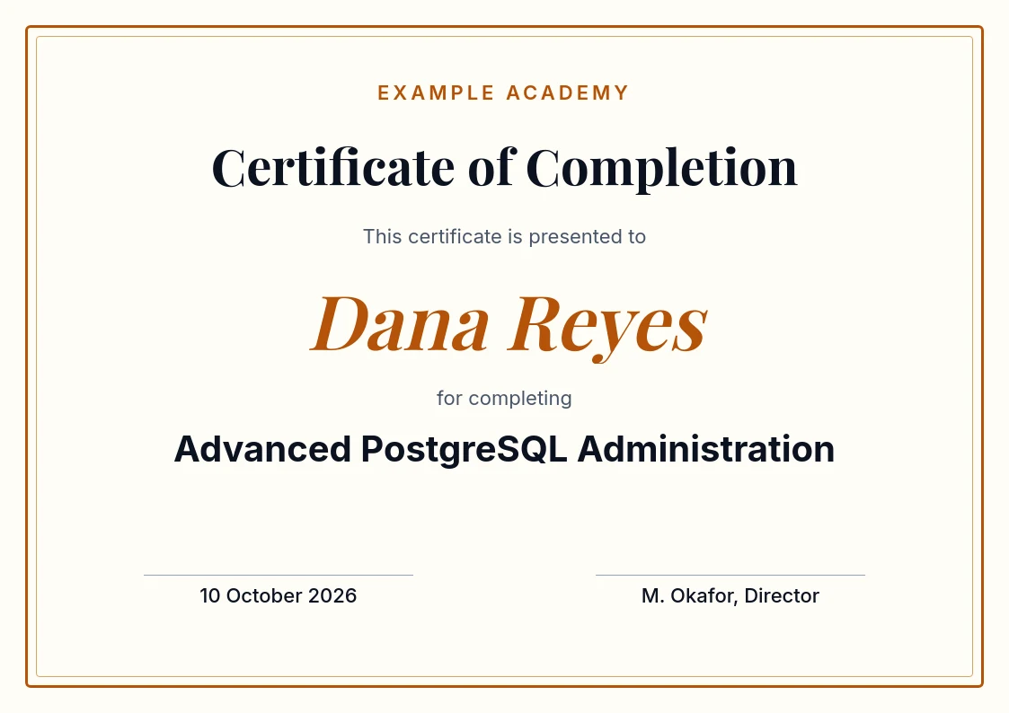 Certificate, A4 landscape, rendered with the sample variables