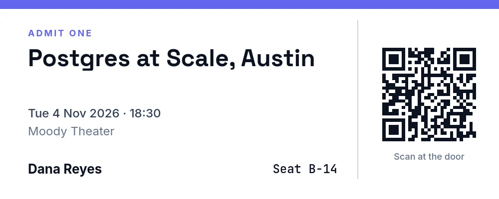 Event ticket with QR, rendered with the sample variables
